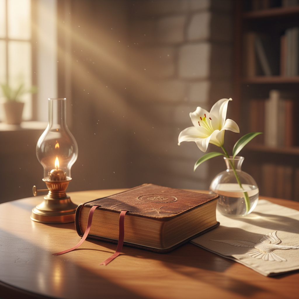 A well-worn, leather-bound Bible with gilt-edged pages lies open on a smooth wooden table, its thin ribbons gently draped across the text. Surrounding it are a simple glass oil lamp, a small vase with a single white lily, and a neatly folded, embroidered cloth with a subtle dove motif. Soft morning sunlight pours in from an unseen window, illuminating the pages and casting gentle, elongated shadows across the table. The background falls into a creamy, defocused blur, suggesting a quiet study or chapel. Photographic realism, eye-level composition, and a shallow depth of field create a serene, reverent mood that conveys devotion, reflection, and the centrality of Scripture in prayer-filled life.