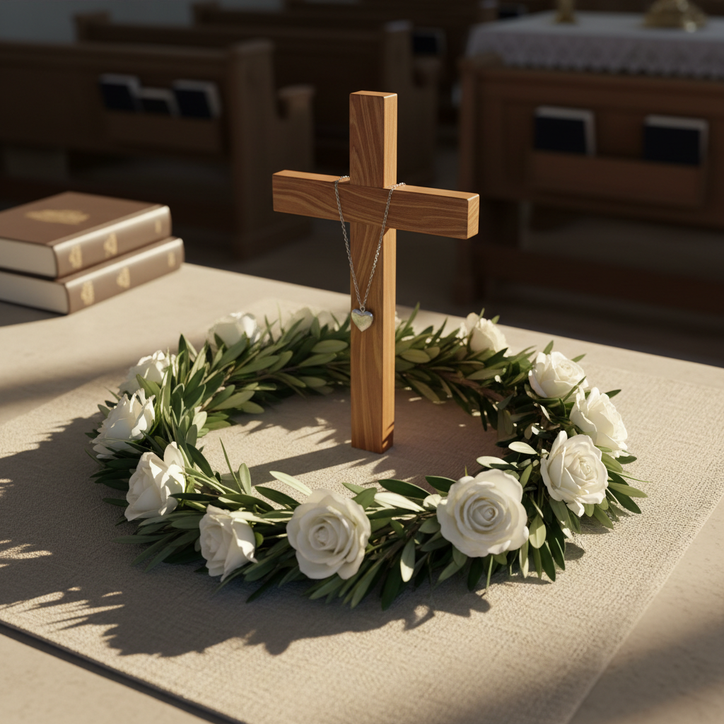 A circular arrangement of delicate, intertwined olive branches and soft white roses rests on a natural linen altar runner, forming a wreath around a polished wooden cross. The cross stands upright at the center, its grain visible, with a simple silver pendant in the shape of a heart hanging from a fine chain. Warm, late-afternoon sunlight streams diagonally across the scene, causing the silver to catch the light and creating soft, overlapping shadows from the foliage. The background features a gently blurred suggestion of pews and hymnals. Captured in photographic realism with a slightly elevated angle, the composition feels balanced and contemplative, symbolizing unity, peace, and sacrificial love in a quietly sacred atmosphere.