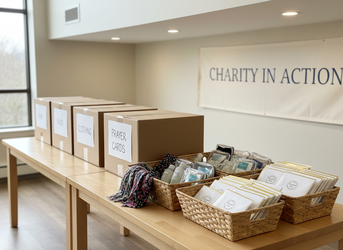 A neatly arranged donation station set up on a long, light-wood table, filled with carefully packed boxes labeled “Food,” “Clothing,” and “Prayer Cards” in clean, legible handwriting. Beside them sit woven baskets containing neatly folded scarves, small toiletry kits, and sealed envelopes with encouraging Scripture verses. A simple banner in the background, slightly out of focus, reads “Charity in Action” in tasteful, professional typography. Soft overhead lighting combines with natural window light to create an even, warm illumination that minimizes harsh shadows. Shot in photographic realism from a slight three-quarter angle, the scene feels organized, purposeful, and compassionate, emphasizing practical service flowing from a heart of prayer and unity.