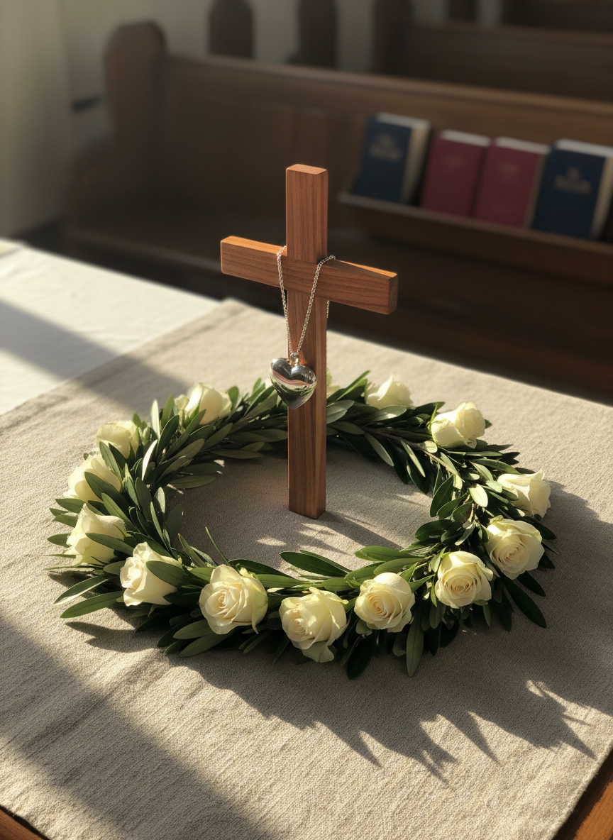 A circular arrangement of delicate, intertwined olive branches and soft white roses rests on a natural linen altar runner, forming a wreath around a polished wooden cross. The cross stands upright at the center, its grain visible, with a simple silver pendant in the shape of a heart hanging from a fine chain. Warm, late-afternoon sunlight streams diagonally across the scene, causing the silver to catch the light and creating soft, overlapping shadows from the foliage. The background features a gently blurred suggestion of pews and hymnals. Captured in photographic realism with a slightly elevated angle, the composition feels balanced and contemplative, symbolizing unity, peace, and sacrificial love in a quietly sacred atmosphere.