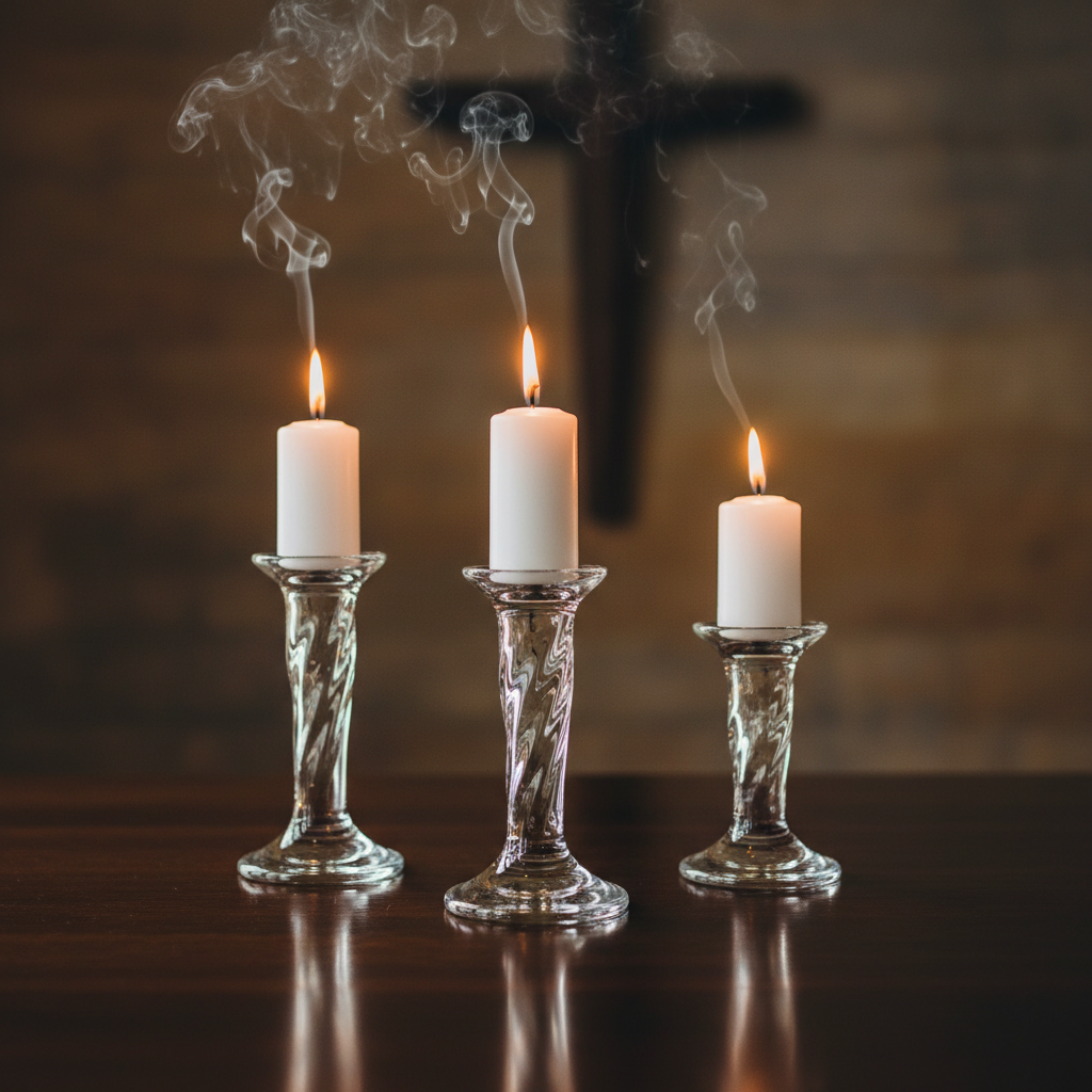 Three elegant, tall glass candle holders of varying heights stand on a reflective dark-wood surface, each cradling a white pillar candle with a clean, smooth finish. All three flames burn steadily, casting a soft, golden glow that reflects in the polished wood and in the glass stems. Behind them, a blurred backdrop hints at a sanctuary wall with a subtle cross silhouette and muted earth tones. Wisps of candle smoke gently rise, adding texture to the air. Photographed in a cinematic, low-light style with side lighting and a shallow depth of field, the composition uses the rule of thirds to emphasize one central candle. The mood is intimate, prayerful, and hopeful, perfect for conveying vigil, intercession, and quiet worship.