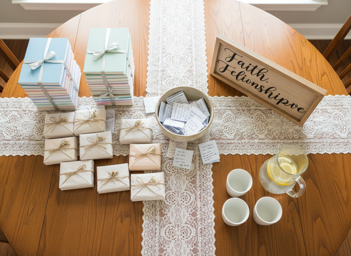 An overhead view of a large, circular wooden table covered with neatly arranged items for a women’s prayer and charity gathering: stacked pastel-colored journals, carefully wrapped care packages tied with twine, a ceramic bowl overflowing with handwritten prayer request cards, and a small, tasteful sign reading “Faith, Fellowship, Service” in elegant script. A delicate lace runner softens the table’s surface, while a clear glass pitcher of water and simple white tumblers suggest hospitality. Bright, diffused daylight from a nearby window illuminates everything evenly, eliminating harsh contrasts. The photographic realism and crisp focus throughout give a sense of order and purpose. The atmosphere is welcoming and organized, reflecting professionalism, compassion, and the intentional coordination behind community outreach.