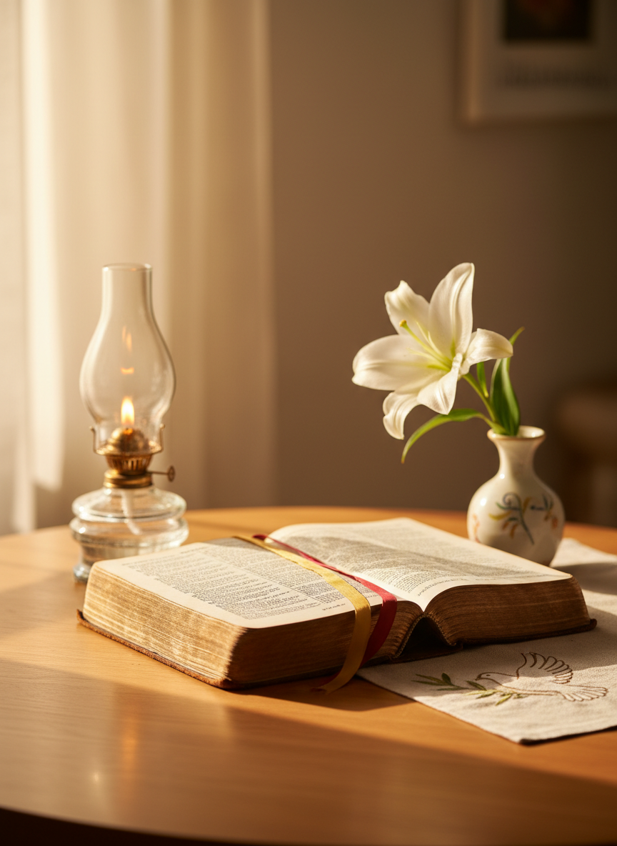 A well-worn, leather-bound Bible with gilt-edged pages lies open on a smooth wooden table, its thin ribbons gently draped across the text. Surrounding it are a simple glass oil lamp, a small vase with a single white lily, and a neatly folded, embroidered cloth with a subtle dove motif. Soft morning sunlight pours in from an unseen window, illuminating the pages and casting gentle, elongated shadows across the table. The background falls into a creamy, defocused blur, suggesting a quiet study or chapel. Photographic realism, eye-level composition, and a shallow depth of field create a serene, reverent mood that conveys devotion, reflection, and the centrality of Scripture in prayer-filled life.