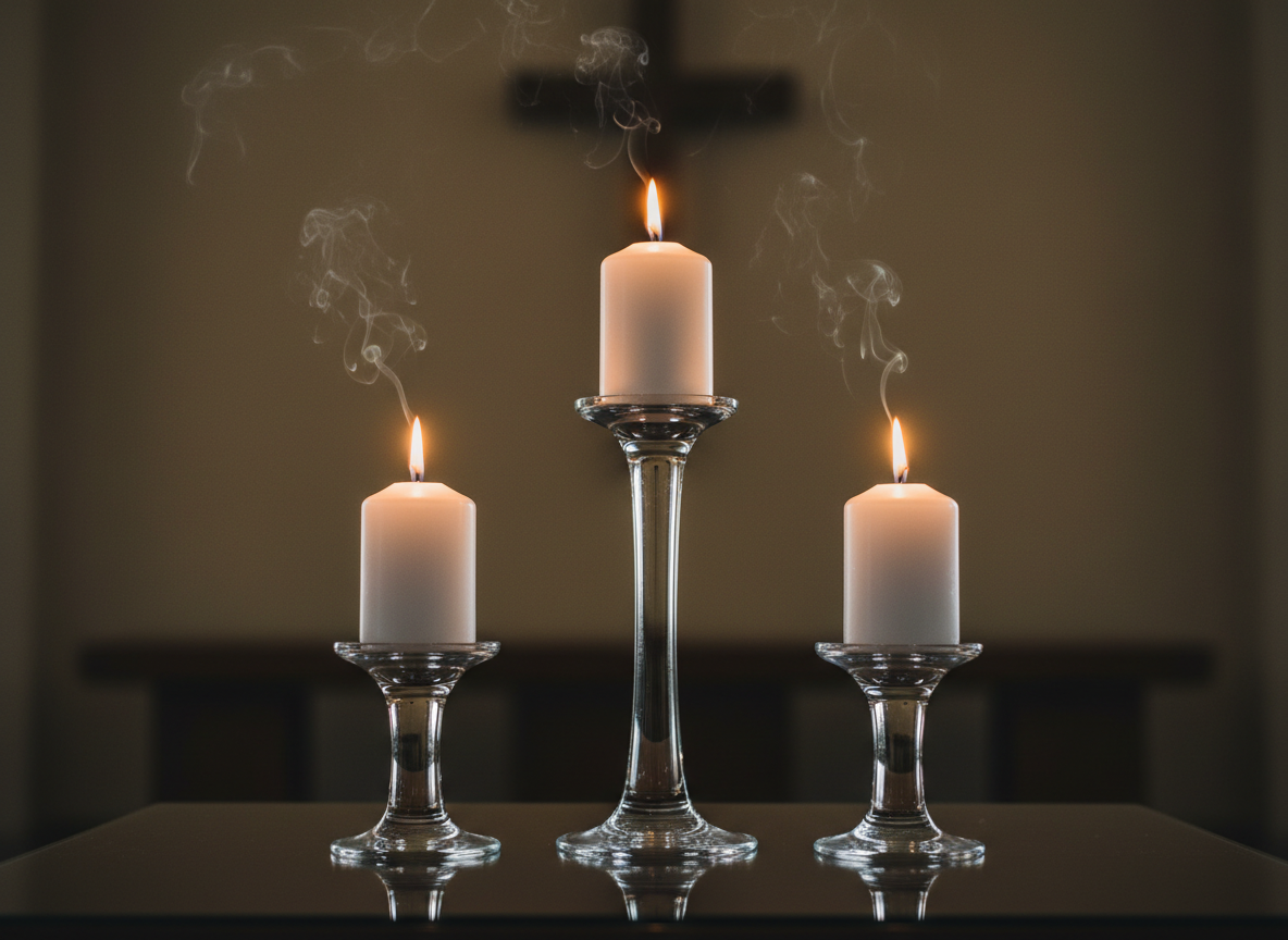 Three elegant, tall glass candle holders of varying heights stand on a reflective dark-wood surface, each cradling a white pillar candle with a clean, smooth finish. All three flames burn steadily, casting a soft, golden glow that reflects in the polished wood and in the glass stems. Behind them, a blurred backdrop hints at a sanctuary wall with a subtle cross silhouette and muted earth tones. Wisps of candle smoke gently rise, adding texture to the air. Photographed in a cinematic, low-light style with side lighting and a shallow depth of field, the composition uses the rule of thirds to emphasize one central candle. The mood is intimate, prayerful, and hopeful, perfect for conveying vigil, intercession, and quiet worship.