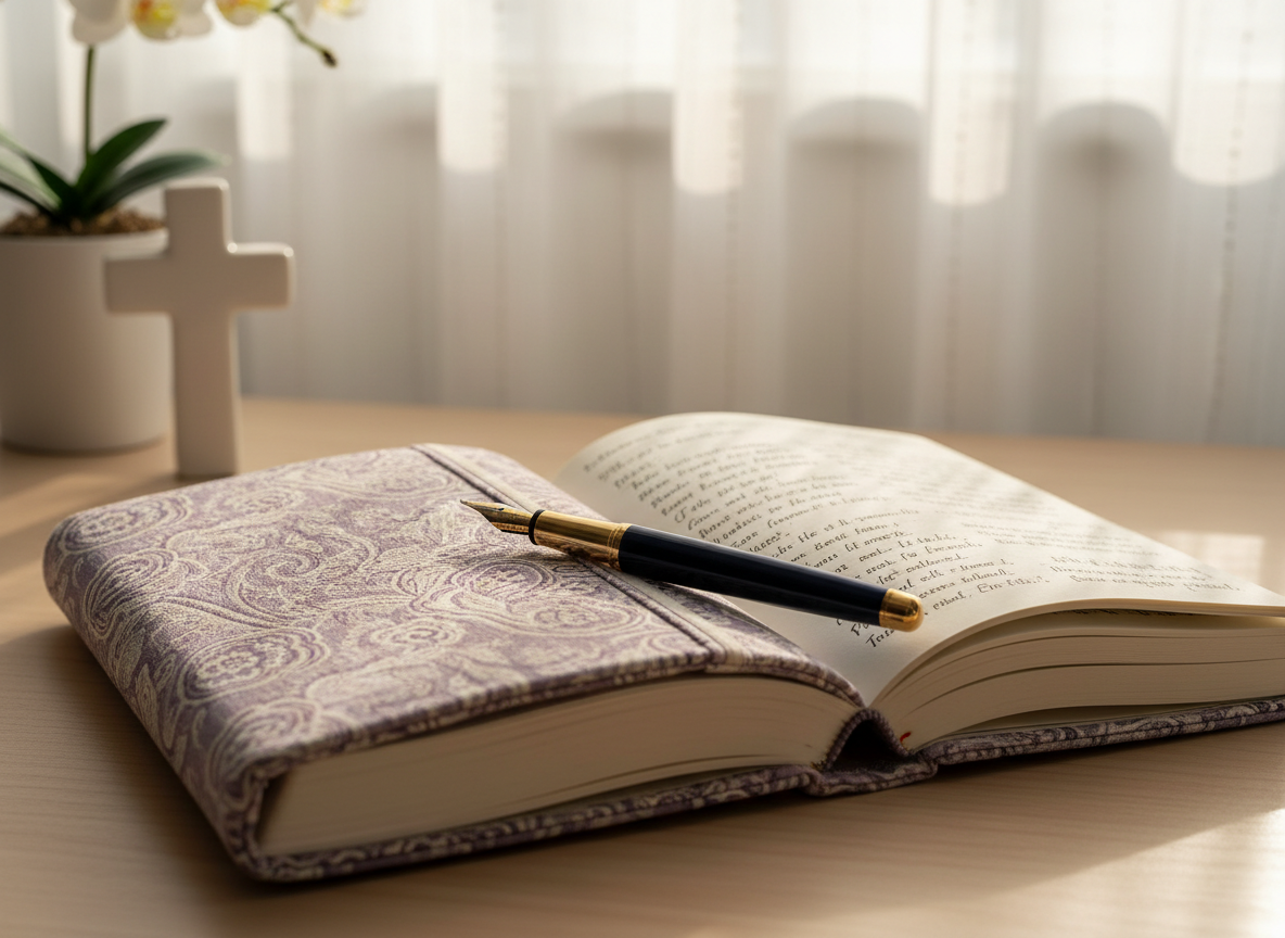 A close-up of a beautiful, intricately patterned prayer journal with a soft, fabric cover in muted lavender and cream tones, resting on a tidy desk. A smooth, gold-tipped fountain pen lies diagonally across the journal, its nib pointing toward a page filled with neat, handwritten verses and short reflections. In the background, softly blurred, stands a small ceramic cross and a potted white orchid on a windowsill. Gentle mid-morning light filters through sheer curtains, creating a luminous, peaceful atmosphere with subtle highlights on the pen and journal edges. Photographic realism at an eye-level angle and a shallow depth of field draw the viewer into the act of personal devotion, focus, and intentional spiritual growth.